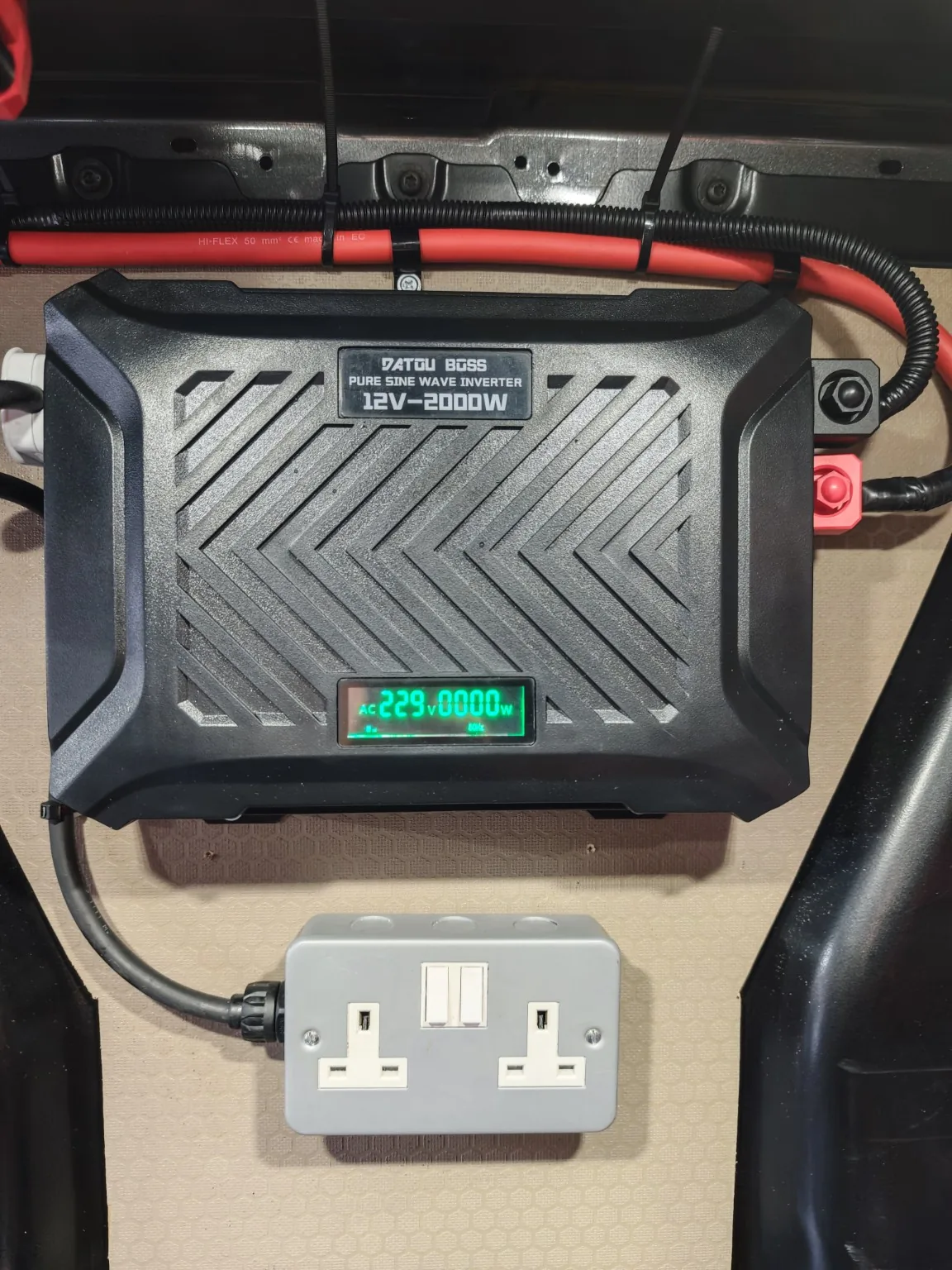 2000W pure sine wave inverter with twin 230V sockets installed in a van