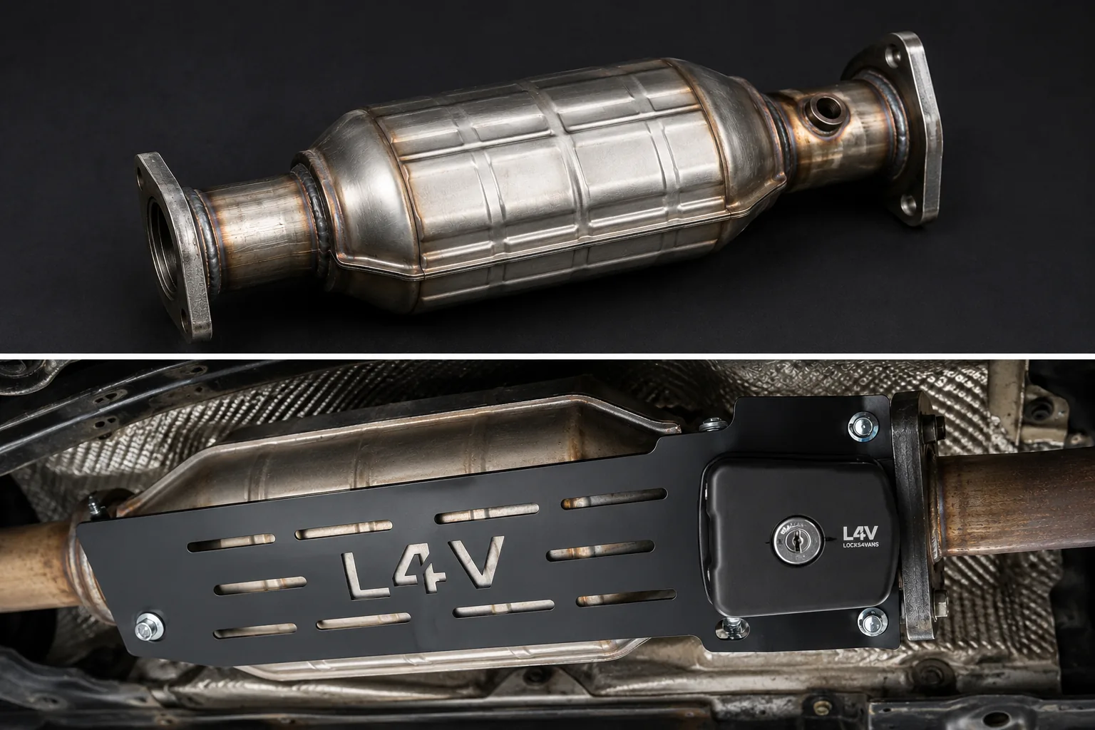 Example of catalytic converter physical security guard fitted beneath a vehicle