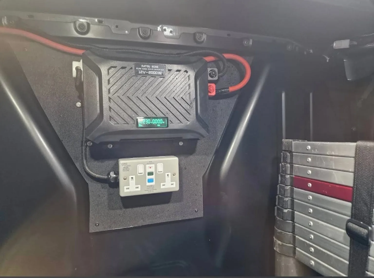 2000W pure sine wave inverter and twin 230V socket installed in a van